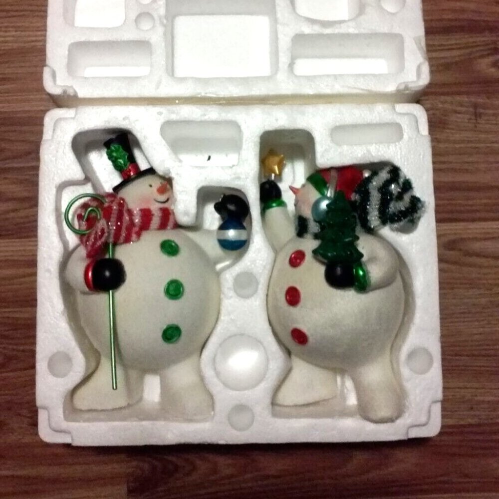 Large Flocked Snowmen Set Of 2, 10" Tall & 9" Tall Perfect Packaged Well